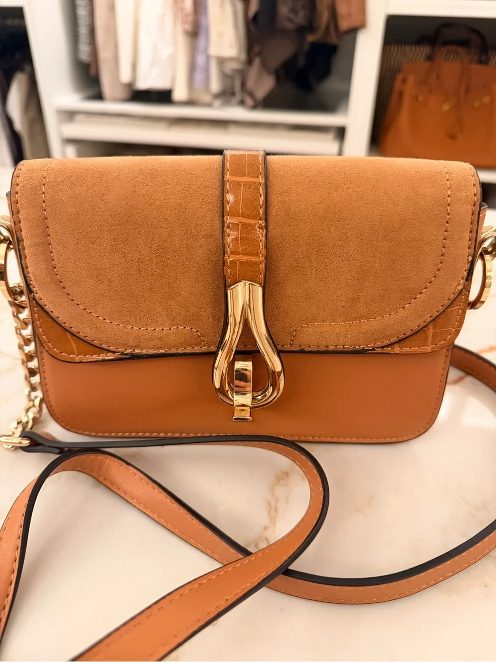Tan faux Leather and Suede Crossbody Bag with Gold Hardware